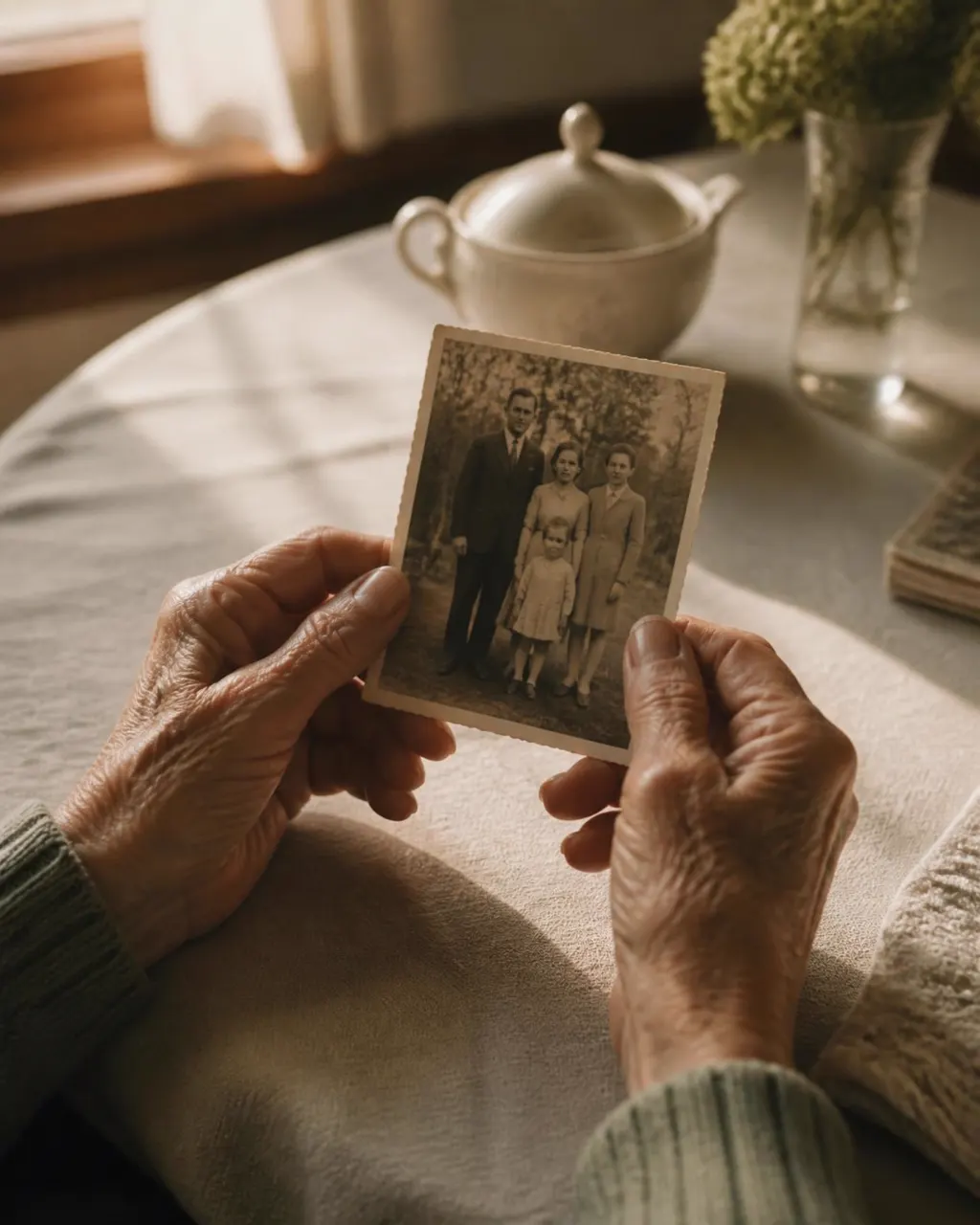 An older person holding a small family photograph in warm afternoon light
